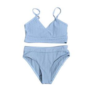NWOT | Girls Blue Ribbed V-Neck Wrap Top & High Waisted Bikini Set | Size 4